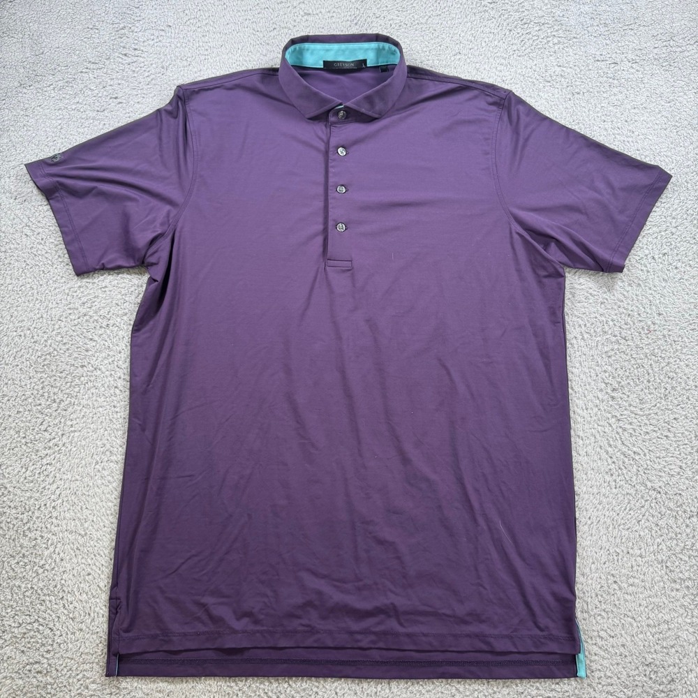 Greyson Mens Purple Performance Golf Polo Shirt Short Sleeve Size L Teal Trim